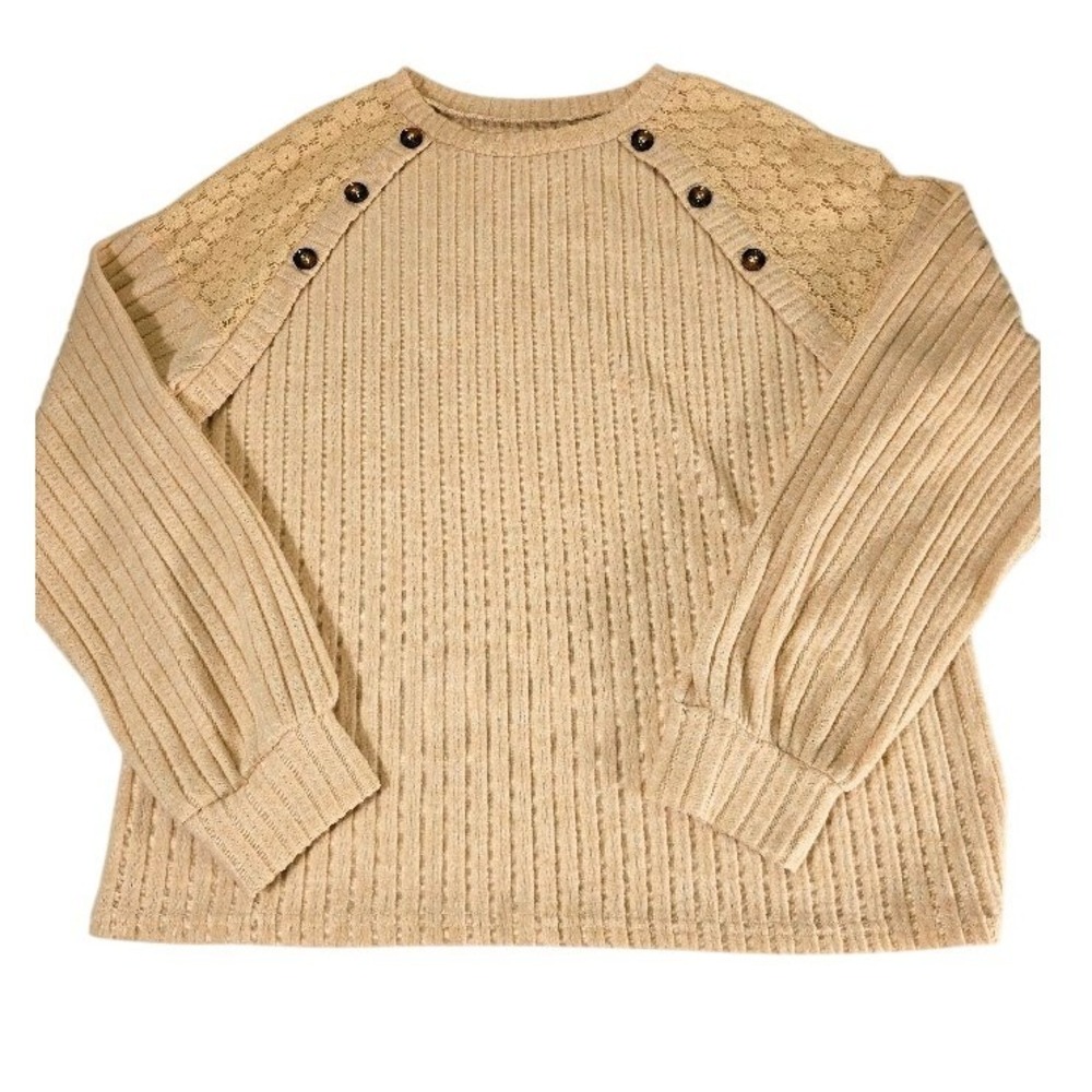 Womens Creme Ribbed Knit Lace BOHO Warm Cozy‎ Long Sleeve Sweater Top XXL
